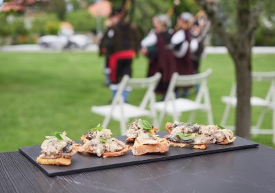 Food for events and celebrations. Small portions of bread with appetizer, typical Spanish tapas